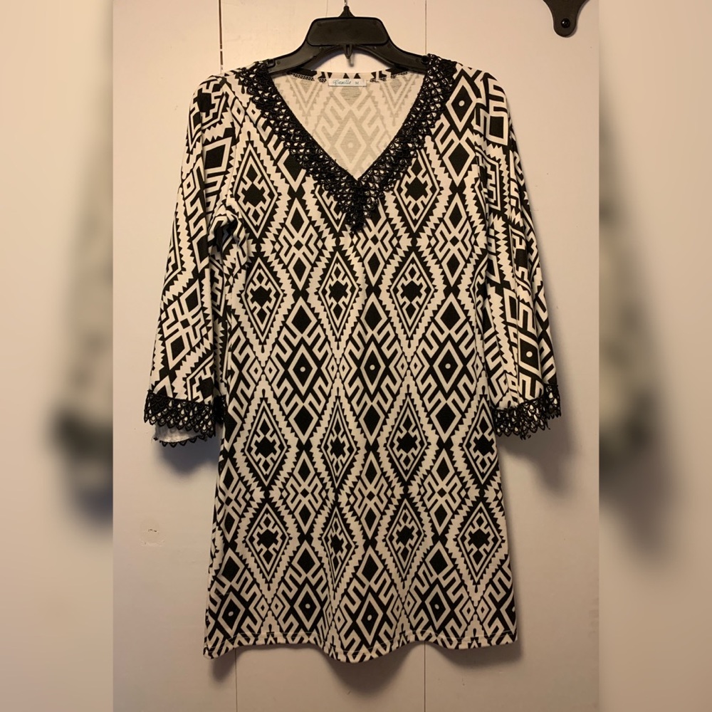 Tribal Pattern Black & White Dress w/ Bell sleeves